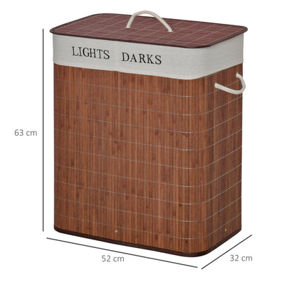 HOMCOM 100L Laundry Basket with Lid String Handles, 2 Section Collapsible Hamper Removable Lining Foldable Water-Resistant Dirty Clothes Storage, Brown 