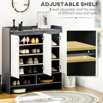 HOMCOM High Gloss Shoe Cabinet with White Doors and Open Shelves, Hallway Shoe Cupboard Storage Organizer for 19 Pairs of Shoes, Grey 