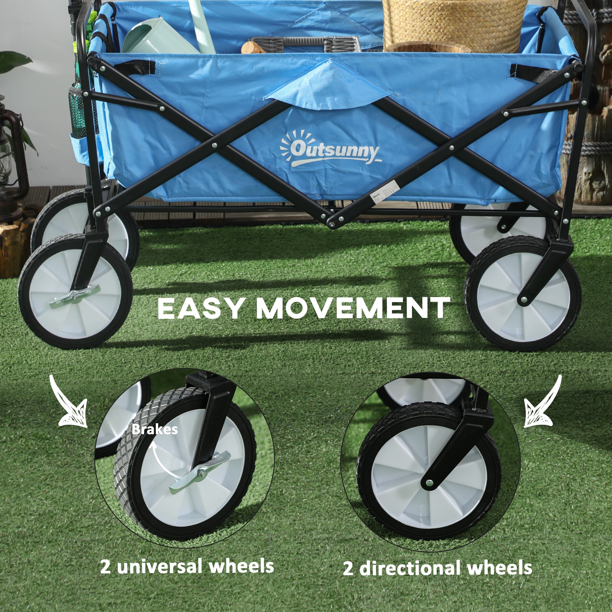 Outsunny 90L Folding Garden Trolley Cart Pull Along Wagon with Telescopic Handle for Beach Camping Festival - Blue 