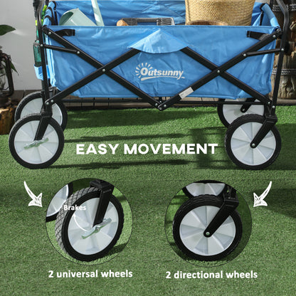 Outsunny 90L Folding Garden Trolley Cart Pull Along Wagon with Telescopic Handle for Beach Camping Festival - Blue 