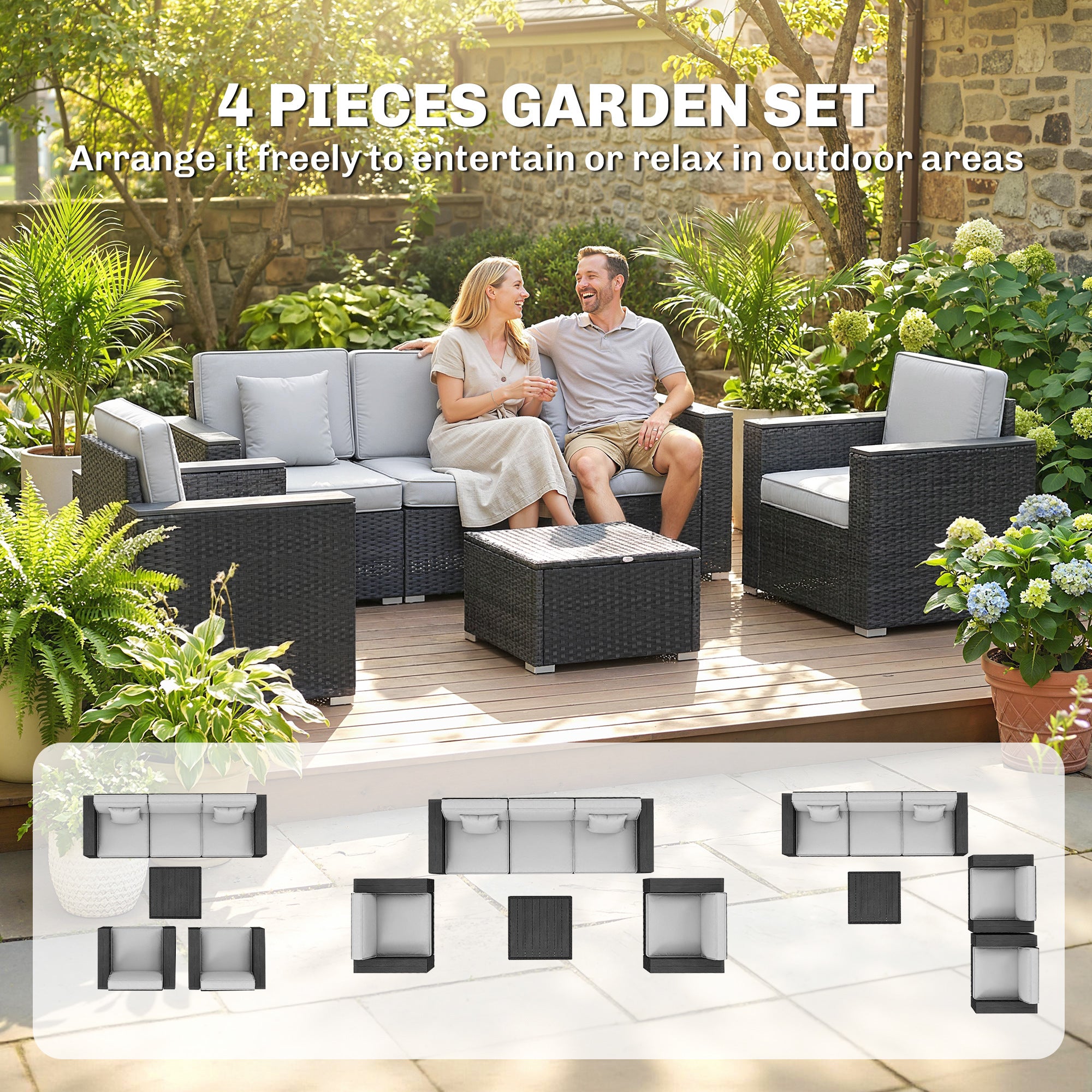 Outsunny 5 Seater Rattan Garden Furniture Set with Wide Armrests, Cushions, Pillows for Patio, Dark Grey 