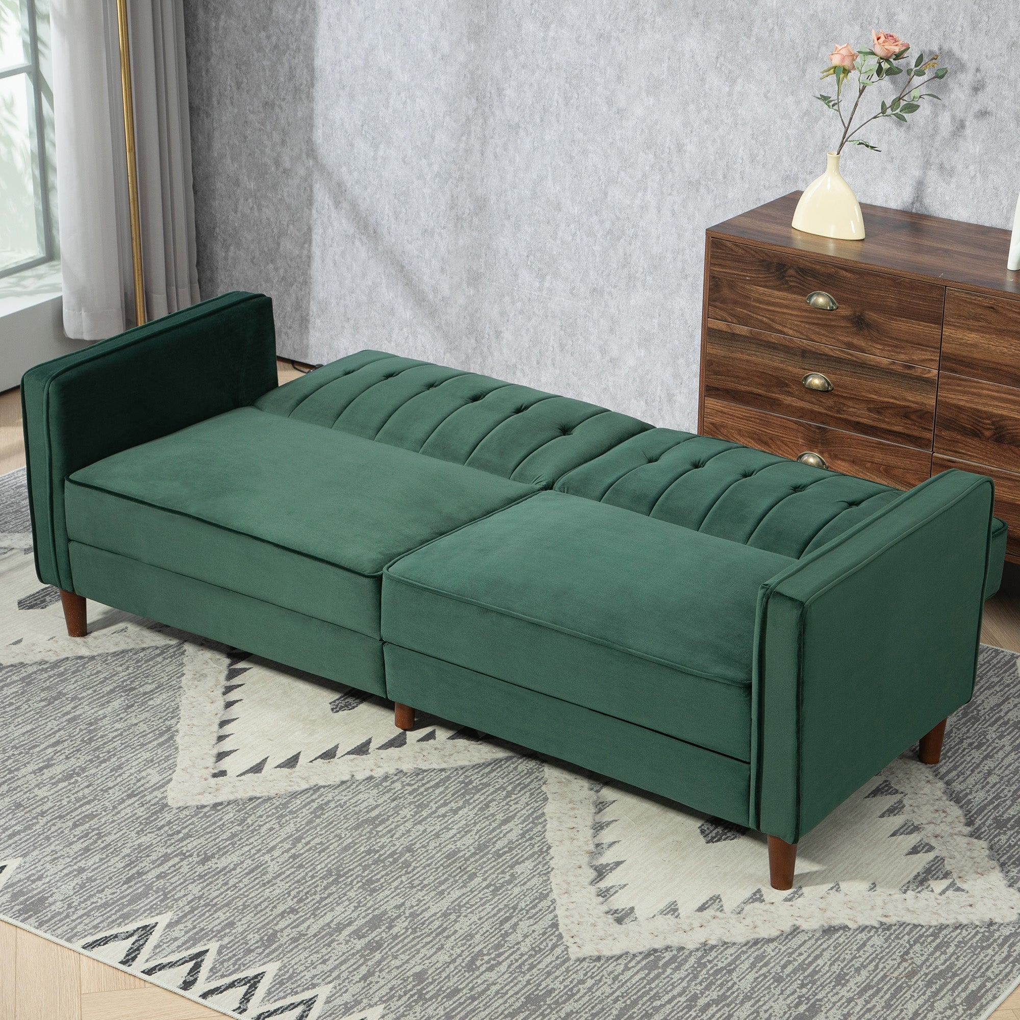 HOMCOM Velvet-Feel Three-Seater Sofa Bed - Green 