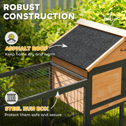 PawHut Wooden Rabbit Hutch Outdoor with Steel Run, Wooden Guinea Pig Cage with Removable Plastic Tray, Asphalt Roof, Ramp 