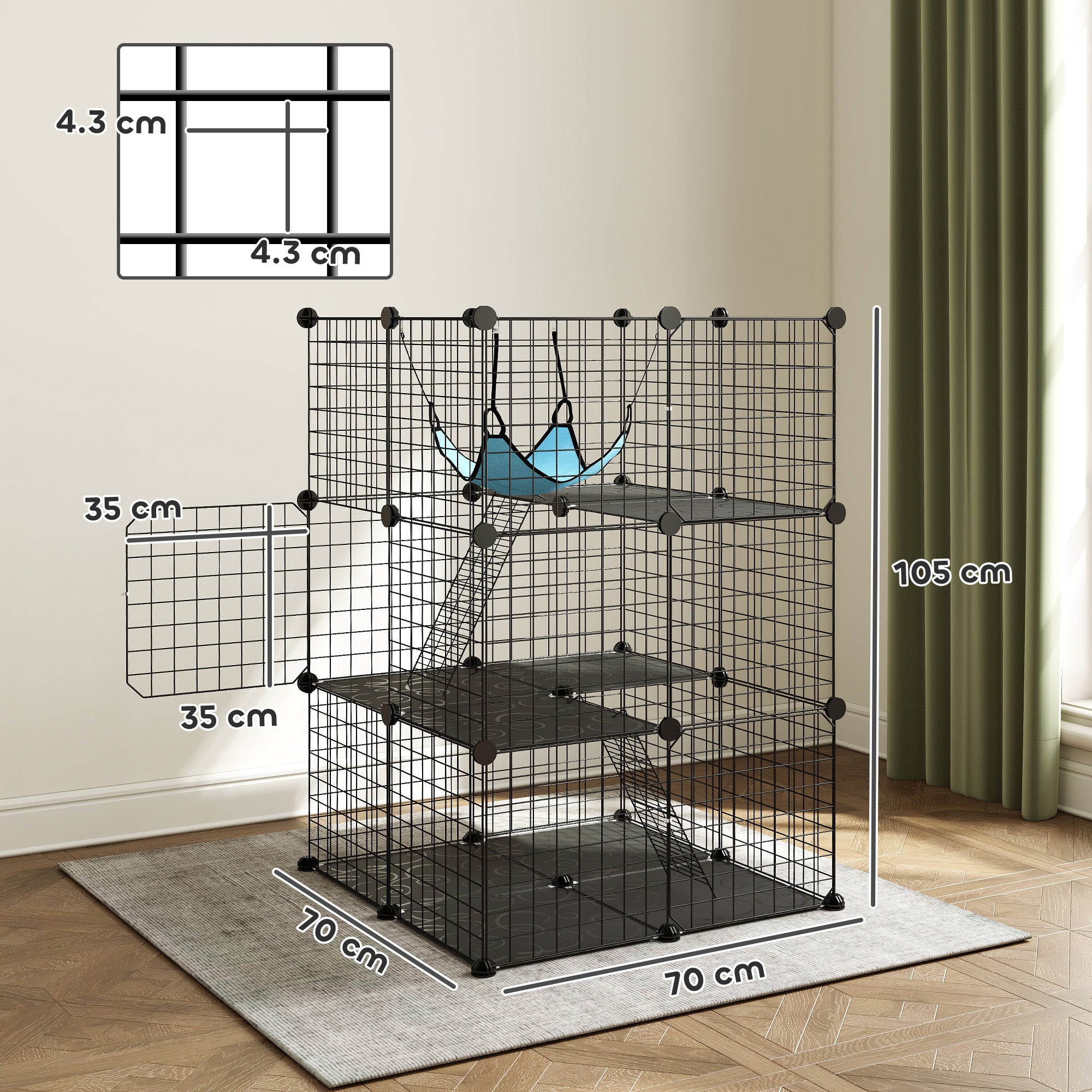 PawHut Indoor Cat Cage DIY Customizable 3-Tier Indoor Cat Enclosure with 3 Doors and Hammock 105 cm Black 