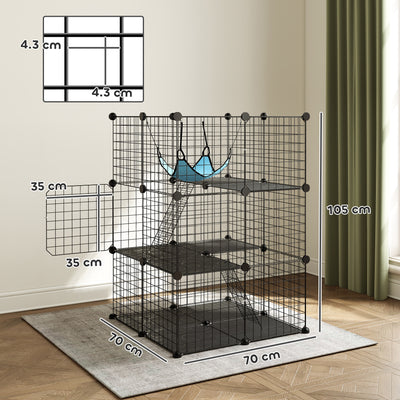 PawHut Indoor Cat Cage DIY Customizable 3-Tier Indoor Cat Enclosure with 3 Doors and Hammock 105 cm Black 
