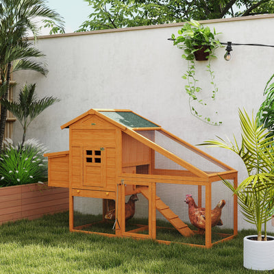 PawHut Wooden Chicken Coop with Run, Nesting Box, Slide-out Tray, Ramp, Perches, Asphalt Roof, 179 x 67 x 115cm 