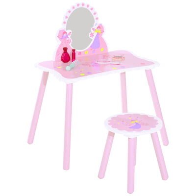 HOMCOM Kids Dressing Table Girls Pink Wooden Kids Dressing Table & Stool Make Up Desk Chair Toys Fairy Dresser Play Set w/Mirror 