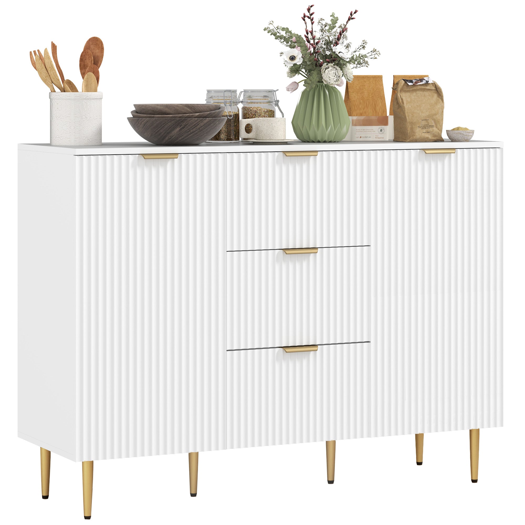 HOMCOM Sideboard Buffet Cabinet, Modern Kitchen Storage Cabinet with 3 Drawers and Adjustable Shelves, Living Room Cabinet with Metal Legs for Hallway, White 
