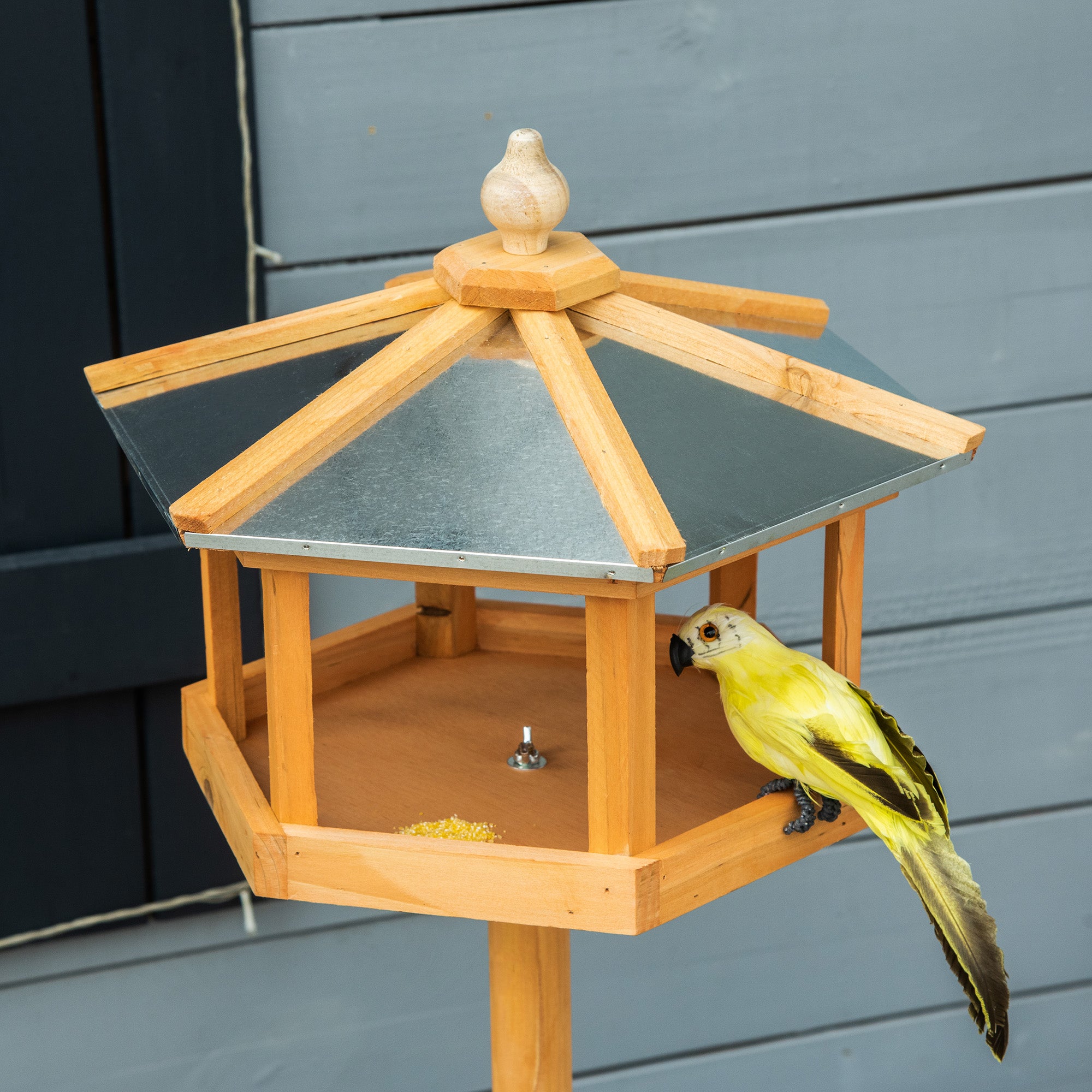 PawHut Wooden Bird Table Free Standing Feeder Garden Sheltered Feeding Station Parrot Stand Birdhouse Φ40x113cm 
