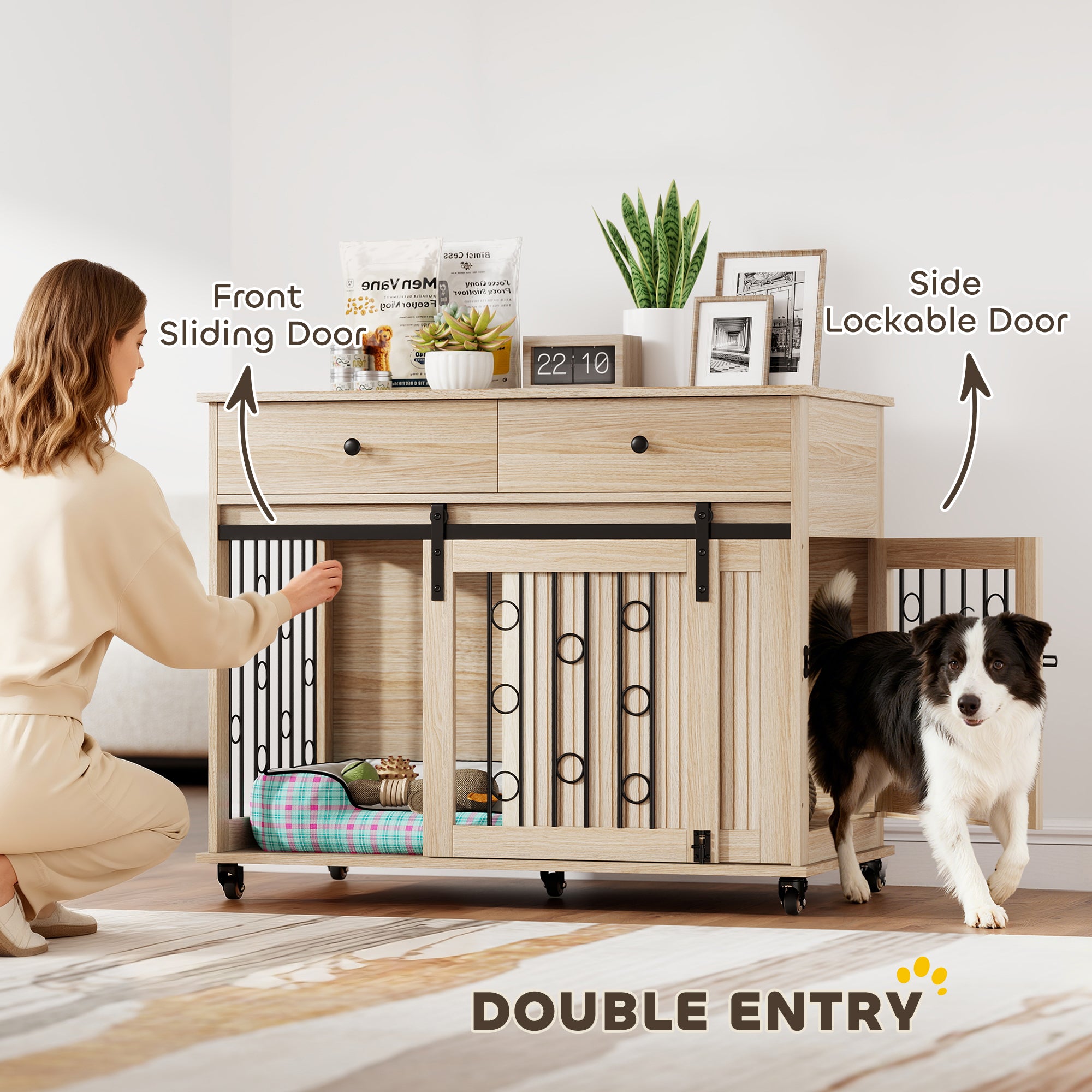 PawHut Dog Crate Furniture on Wheels, Dog Cage with 2 Drawers, Sliding Door, for Medium Large Dogs, Oak Tone 