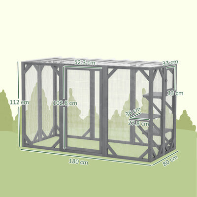 PawHut 71" Outdoor Wooden Cat House with 3 Platforms, Large Door and Weatherproof Roof, for Multiple Cats, Grey 