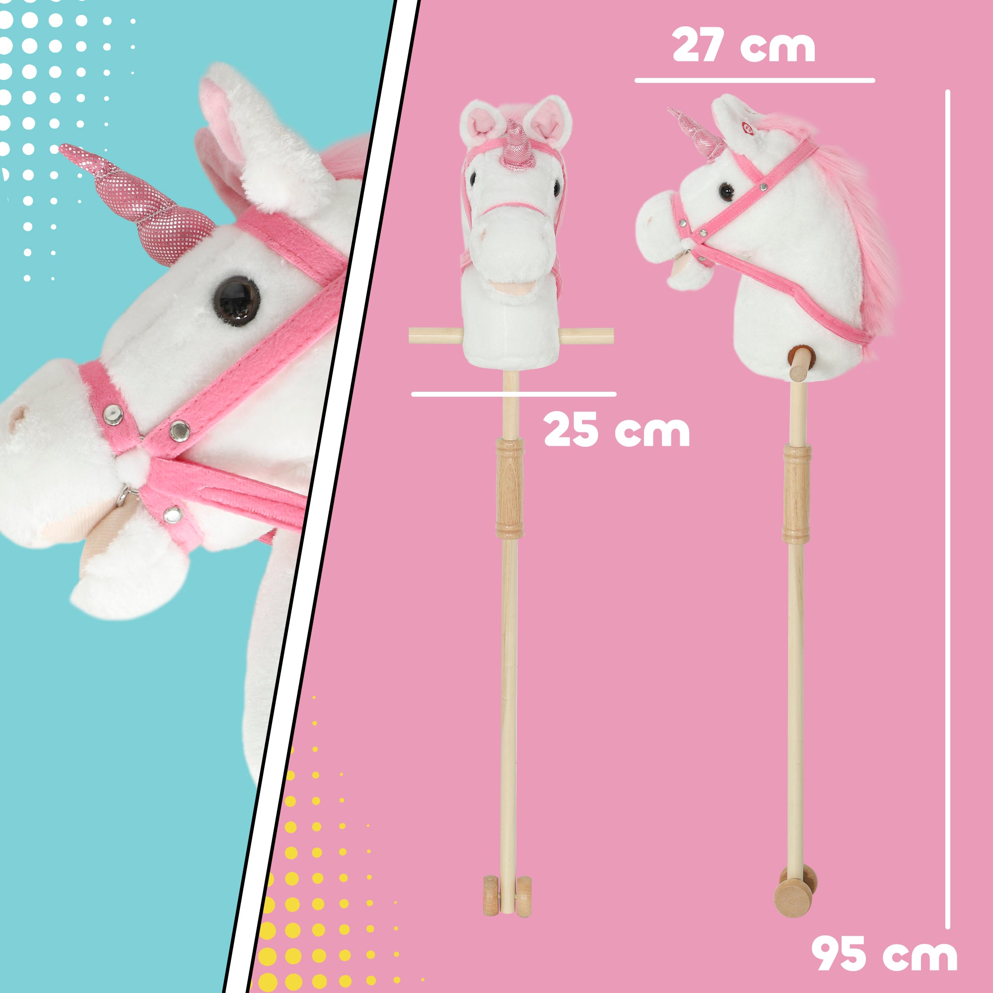 AIYAPLAY Unicorn Stick Horse with Wood Wheels, Real Pony Neighing and Galloping Sounds, Grip Handle, 95 cm, White 