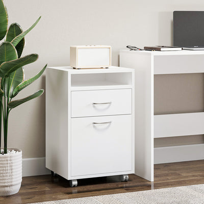 HOMCOM 60cm Filing Cabinet with Drawer, Open Shelf, Metal Handles and 4 Wheels, Office Home Organiser Mobile Printer, White 