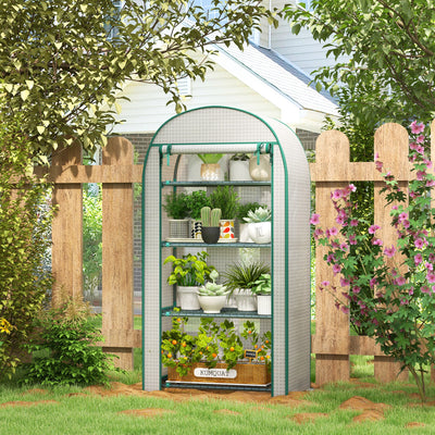 Outsunny 4 Tier Mini Greenhouse for Outdoor, Portable Gardening Plant Green House with Storage Shelf, Roll-Up Zipped Door, Metal Frame and PE Cover, 80 x 49 x 160cm, White 