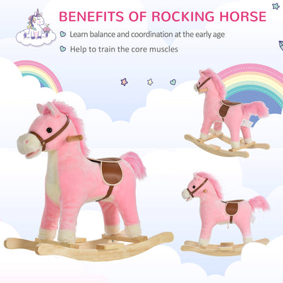 HOMCOM Kids Plush Rocking Horse w/ Sound Moving Mouth Wagging Tail Children Rocker Ride On Toy Gift 3-6 Years Pink 