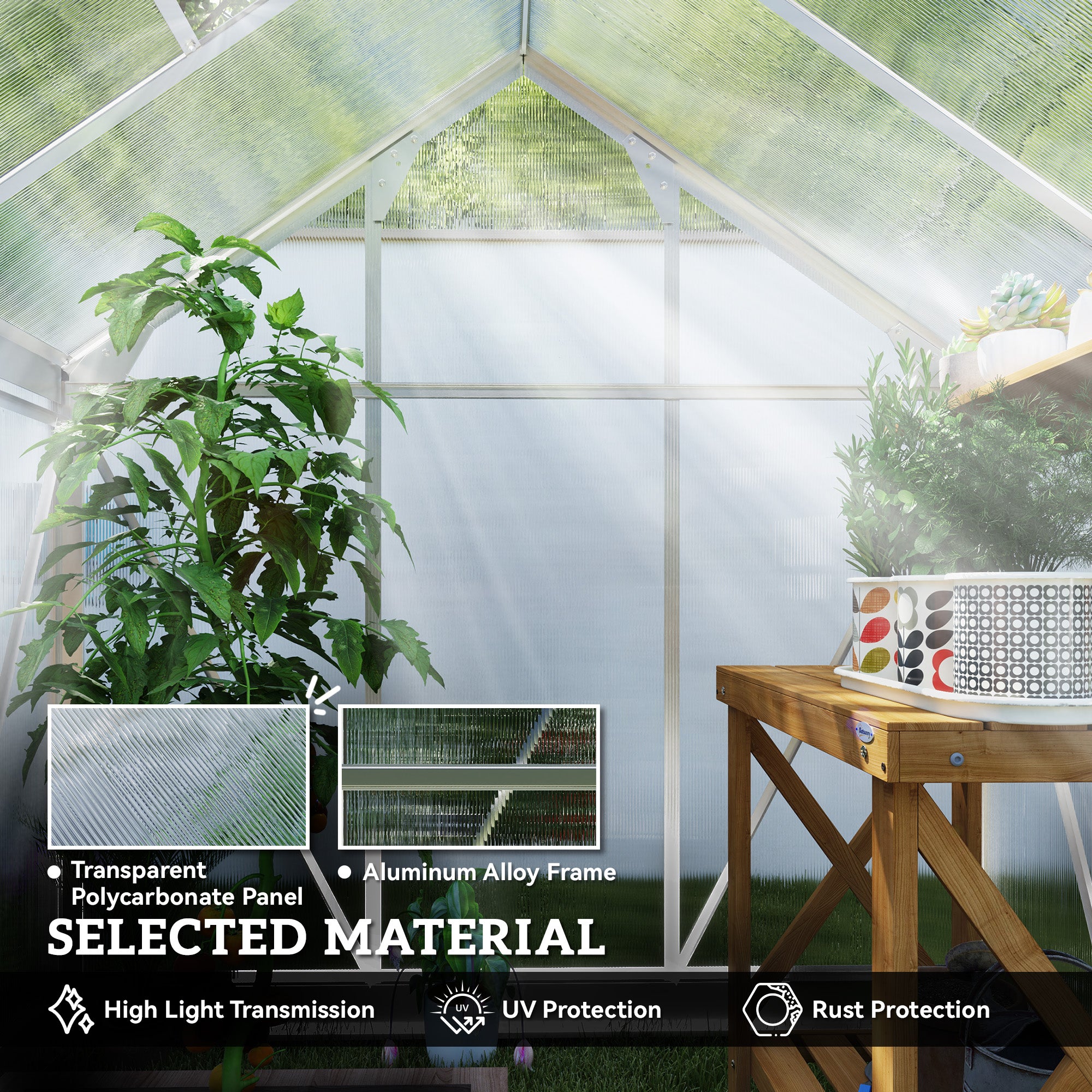 Outsunny Polycarbonate Greenhouse, Large Walk-In Green House with Slide Door and Window, Aluminium Frame, 6x4ft, Silver Tone 