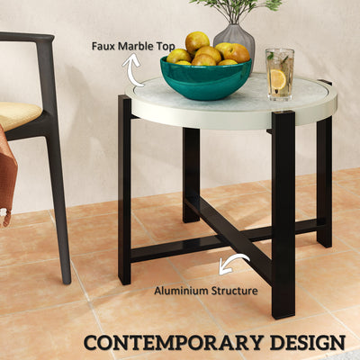 Outsunny Round Small Garden Table, 60cm Outdoor Side Table with Faux Marble Tempered Glass Top, Aluminium Frame for Garden, Patio, Balcony, Light Grey 