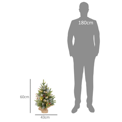 HOMCOM Set of Two 2ft Christmas Trees, with Lights, Berries and Pinecones 