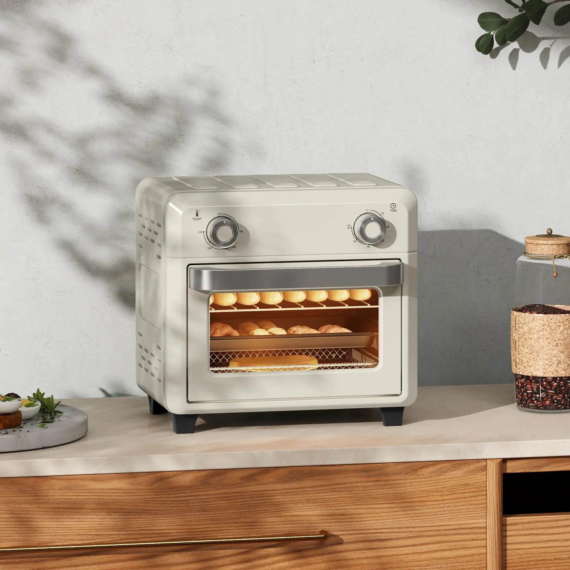 HOMCOM 10L Air Fryer Oven, Mini Oven, Oil Free Cooking, Grill, Roast, Bake, with Adjustable Temperature, Timer, Dishwasher Safe, 1000W, Cream White 