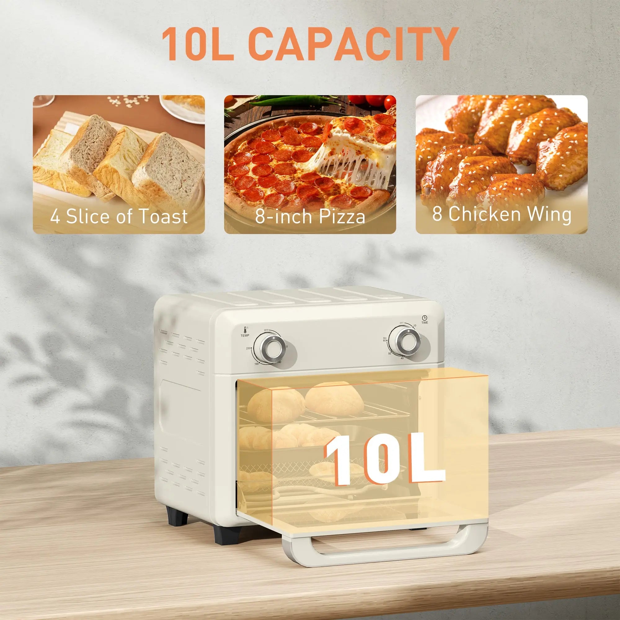 HOMCOM 10L Air Fryer Oven, Mini Oven, Oil Free Cooking, Grill, Roast, Bake, with Adjustable Temperature, Timer, Dishwasher Safe, 1000W, Cream White 