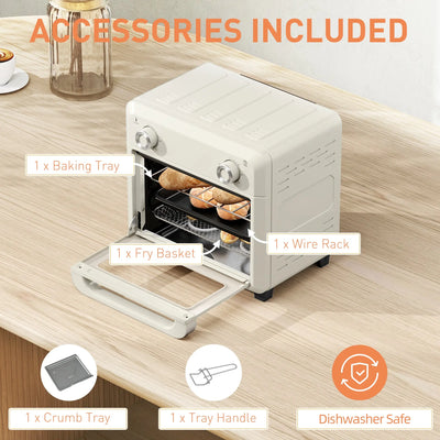 HOMCOM 10L Air Fryer Oven, Mini Oven, Oil Free Cooking, Grill, Roast, Bake, with Adjustable Temperature, Timer, Dishwasher Safe, 1000W, Cream White 
