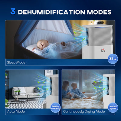 HOMCOM 10L/Day 2000ML Portable Quiet Dehumidifier for Home Laundry Room Bedroom Basement, Electric Moisture Air De-Humidifier with 3 Modes 