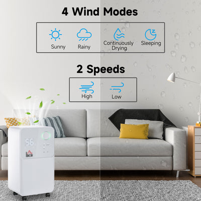 HOMCOM 12L/Day Dehumidifier for Home, Laundry Room, Bedroom, Basement, Electric Moisture Air De-Humidifier with 4 Modes, Continuous Drainage, 24H Timer, Digital Humidity Display 