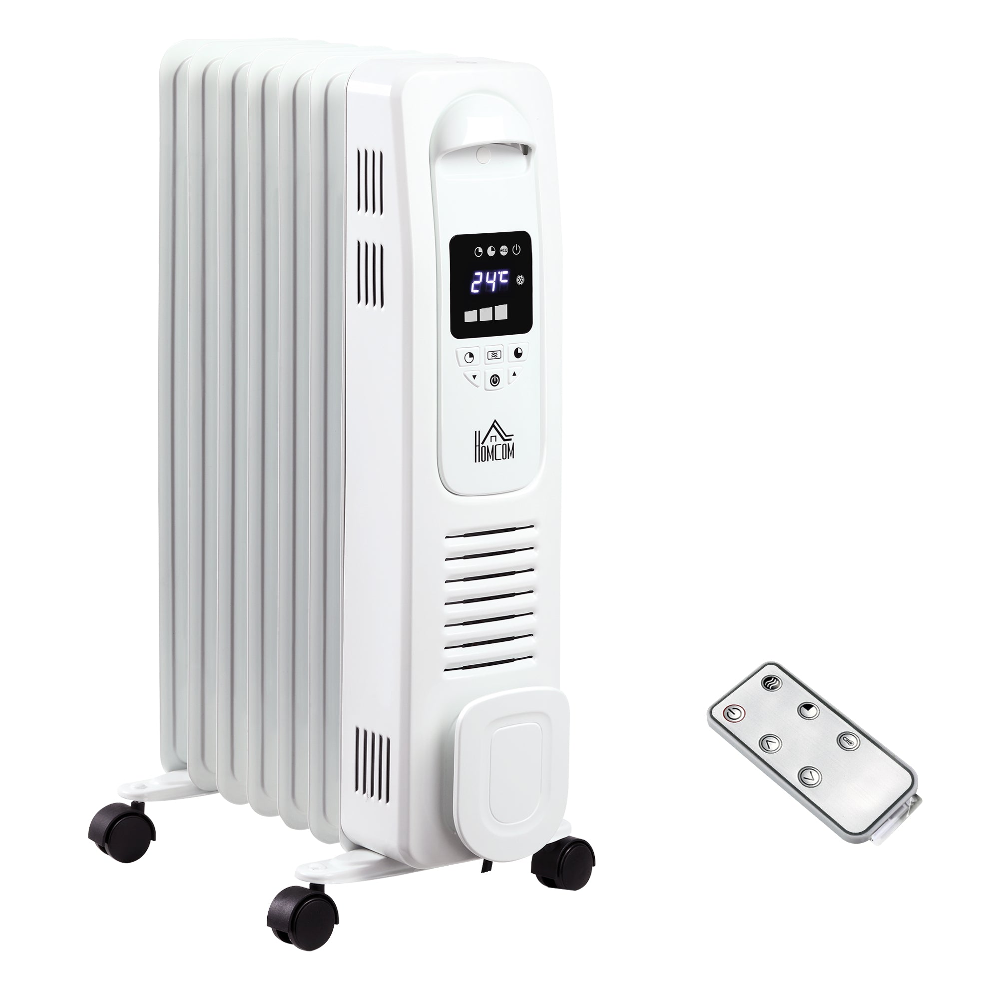 HOMCOM 1500W Digital Oil Filled Radiator, 7 Fin, Portable Electric Heater with LED Display, Built-in Timer, 3 Heat Settings, Safety Cut-Off and Remote Control, White 