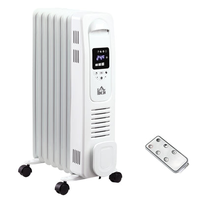 HOMCOM 1500W Digital Oil Filled Radiator, 7 Fin, Portable Electric Heater with LED Display, Built-in Timer, 3 Heat Settings, Safety Cut-Off and Remote Control, White 