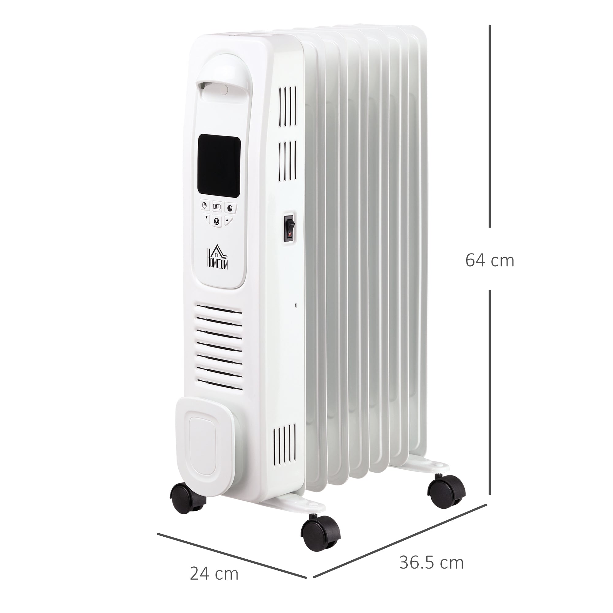 HOMCOM 1500W Digital Oil Filled Radiator, 7 Fin, Portable Electric Heater with LED Display, Built-in Timer, 3 Heat Settings, Safety Cut-Off and Remote Control, White 