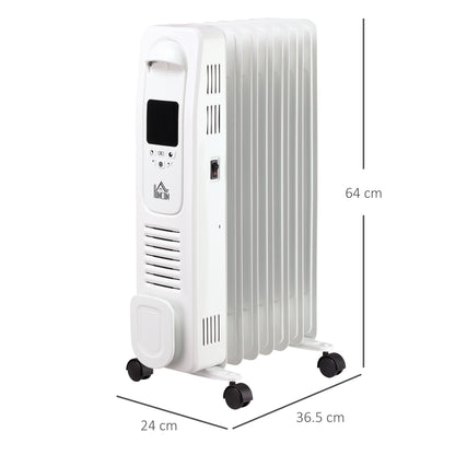 HOMCOM 1500W Digital Oil Filled Radiator, 7 Fin, Portable Electric Heater with LED Display, Built-in Timer, 3 Heat Settings, Safety Cut-Off and Remote Control, White 