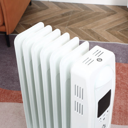 HOMCOM 1500W Digital Oil Filled Radiator, 7 Fin, Portable Electric Heater with LED Display, Built-in Timer, 3 Heat Settings, Safety Cut-Off and Remote Control, White 