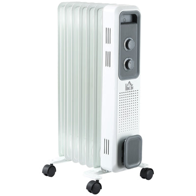 HOMCOM 1500W Oil Filled Radiator, 7 Fin, Portable Electric Heater with 3 Heat Settings, Safety Cut-Off and Wheels, White 