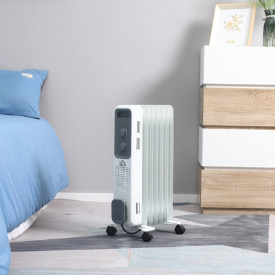 HOMCOM 1500W Oil Filled Radiator, 7 Fin, Portable Electric Heater with 3 Heat Settings, Safety Cut-Off and Wheels, White 