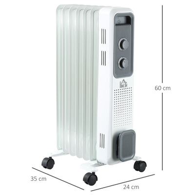 HOMCOM 1500W Oil Filled Radiator, 7 Fin, Portable Electric Heater with 3 Heat Settings, Safety Cut-Off and Wheels, White 