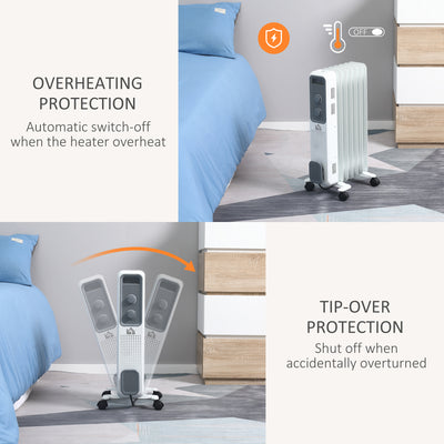HOMCOM 1500W Oil Filled Radiator, 7 Fin, Portable Electric Heater with 3 Heat Settings, Safety Cut-Off and Wheels, White 