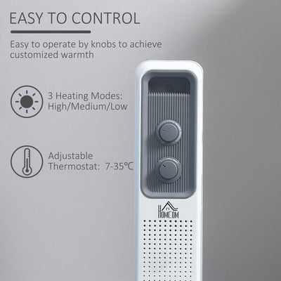 HOMCOM 1500W Oil Filled Radiator, 7 Fin, Portable Electric Heater with 3 Heat Settings, Safety Cut-Off and Wheels, White 