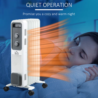 HOMCOM 1500W Oil Filled Radiator, 7 Fin, Portable Electric Heater with 3 Heat Settings, Safety Cut-Off and Wheels, White 