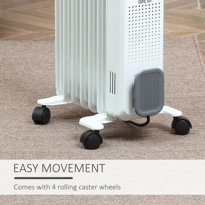 HOMCOM 1500W Oil Filled Radiator, 7 Fin, Portable Electric Heater with 3 Heat Settings, Safety Cut-Off and Wheels, White 