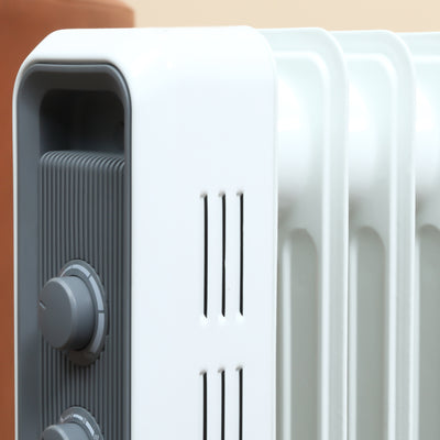 HOMCOM 1500W Oil Filled Radiator, 7 Fin, Portable Electric Heater with 3 Heat Settings, Safety Cut-Off and Wheels, White 