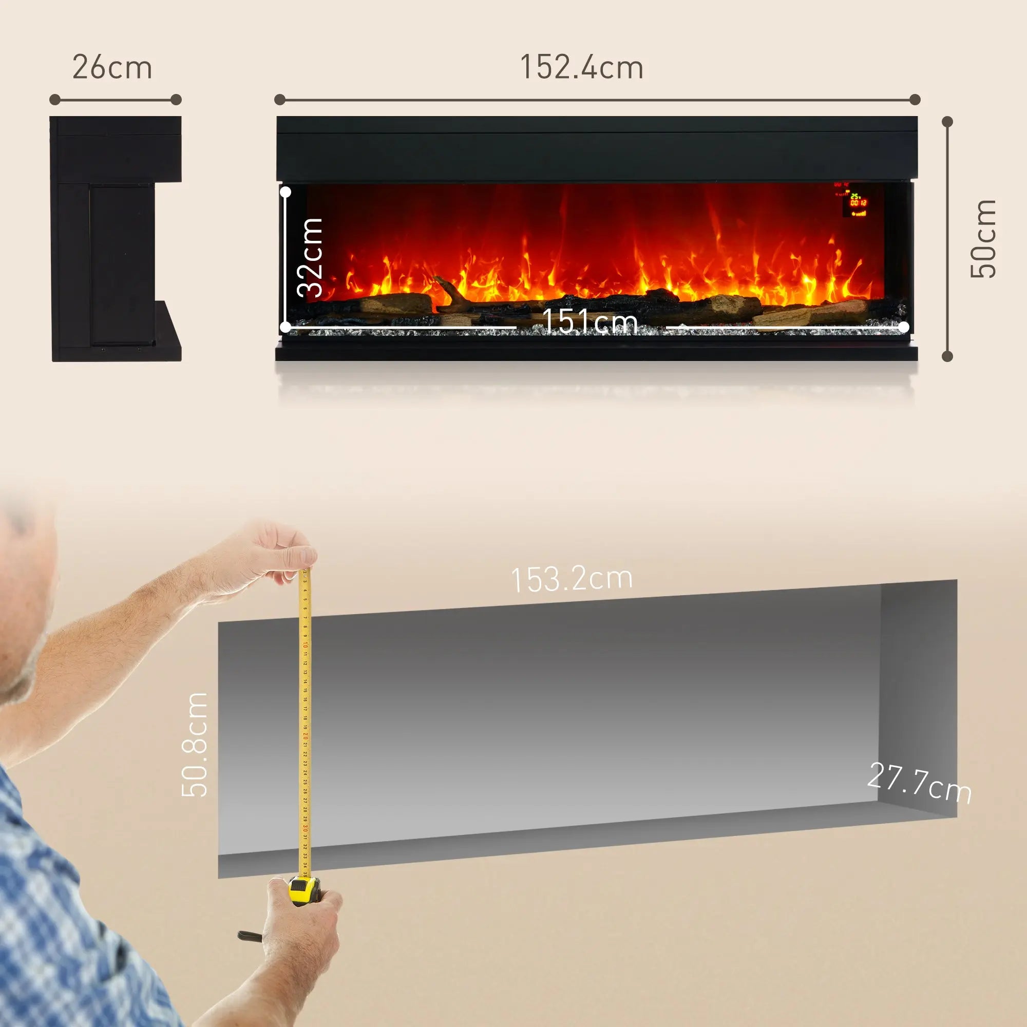 HOMCOM 1800W 15-40℃ Adjustable Flame Glass Panel Convector Heater, 152cm 