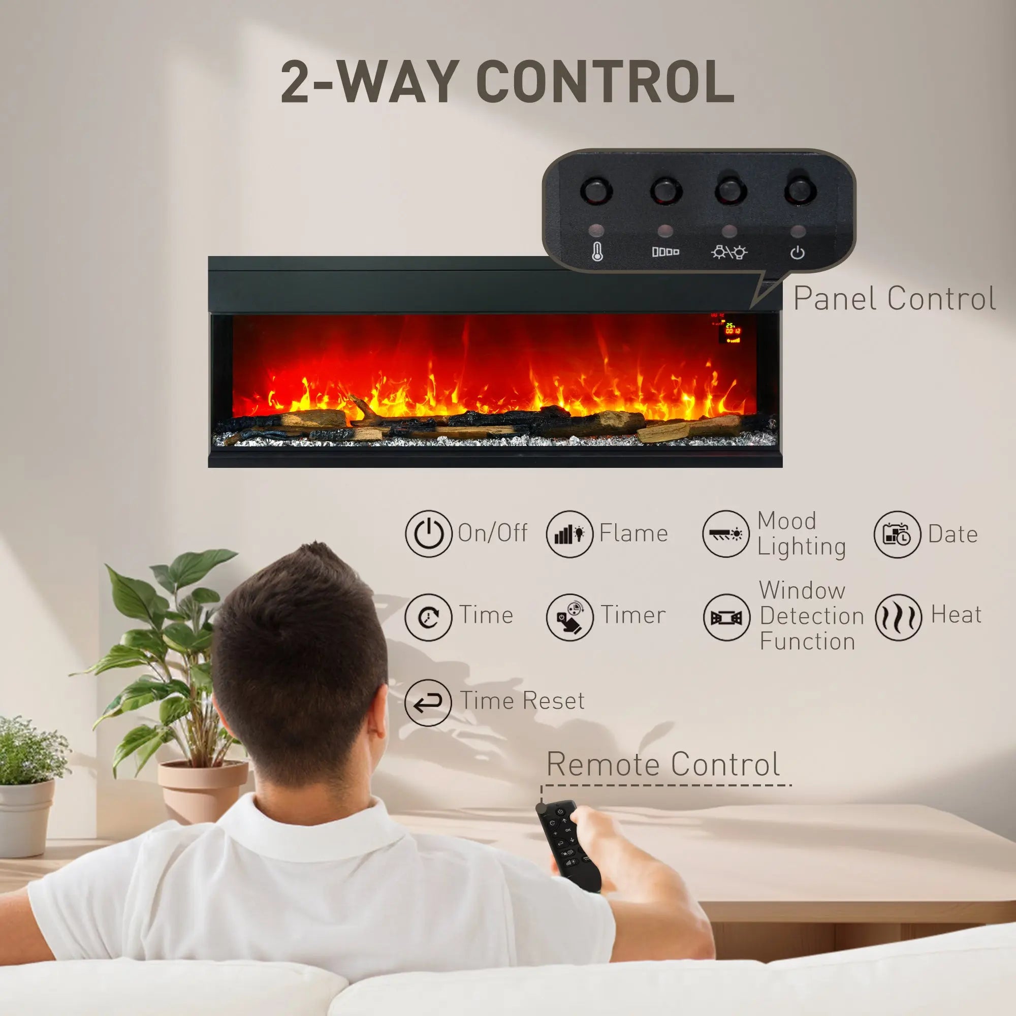 HOMCOM 1800W 15-40℃ Adjustable Flame Glass Panel Convector Heater, 152cm 