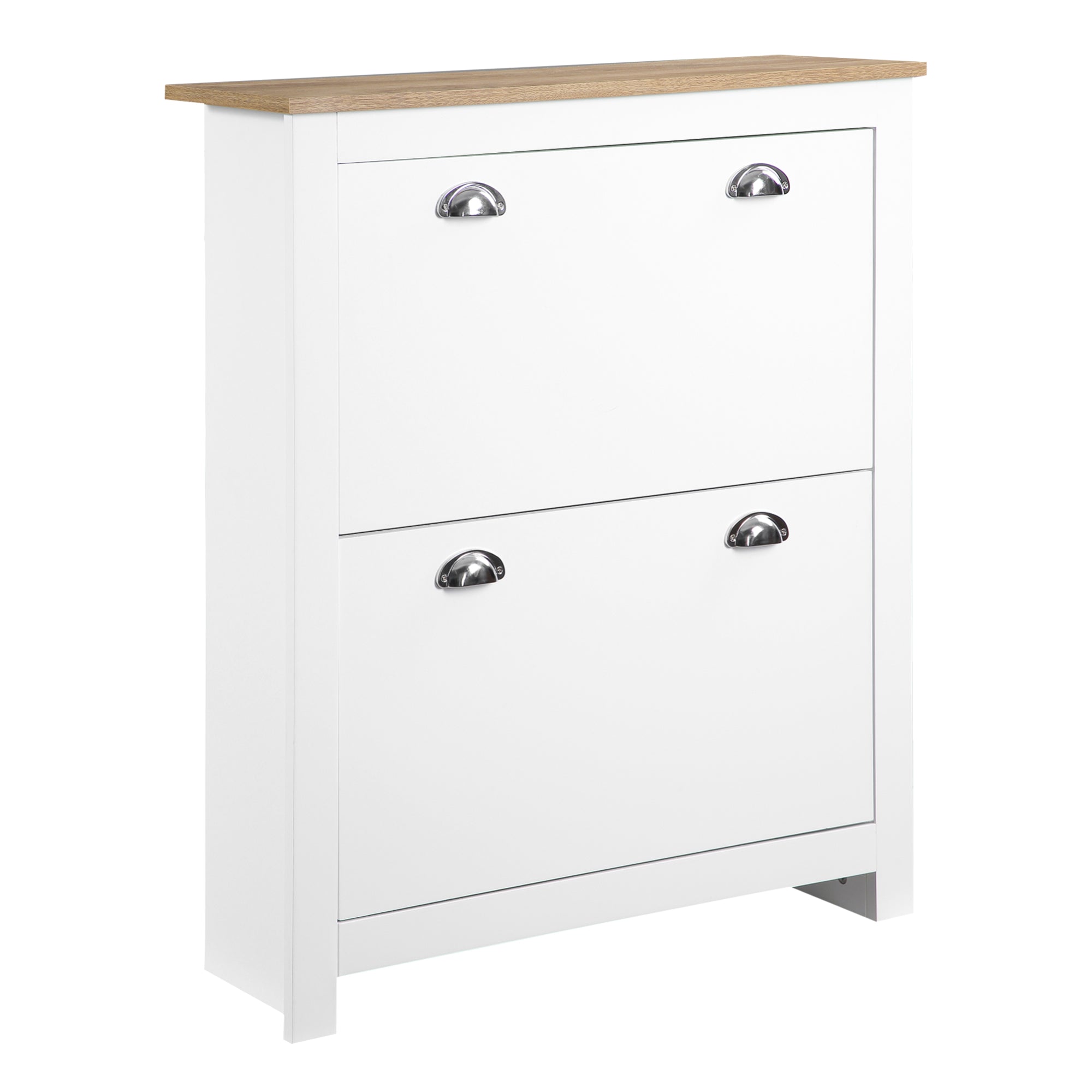 HOMCOM 2 Drawer Shoe Cabinet Modern Narrow Shoe Cupboard Hallway Wooden Storage Organiser with Flip Doors Adjustable Shelf for 12 Pairs White 