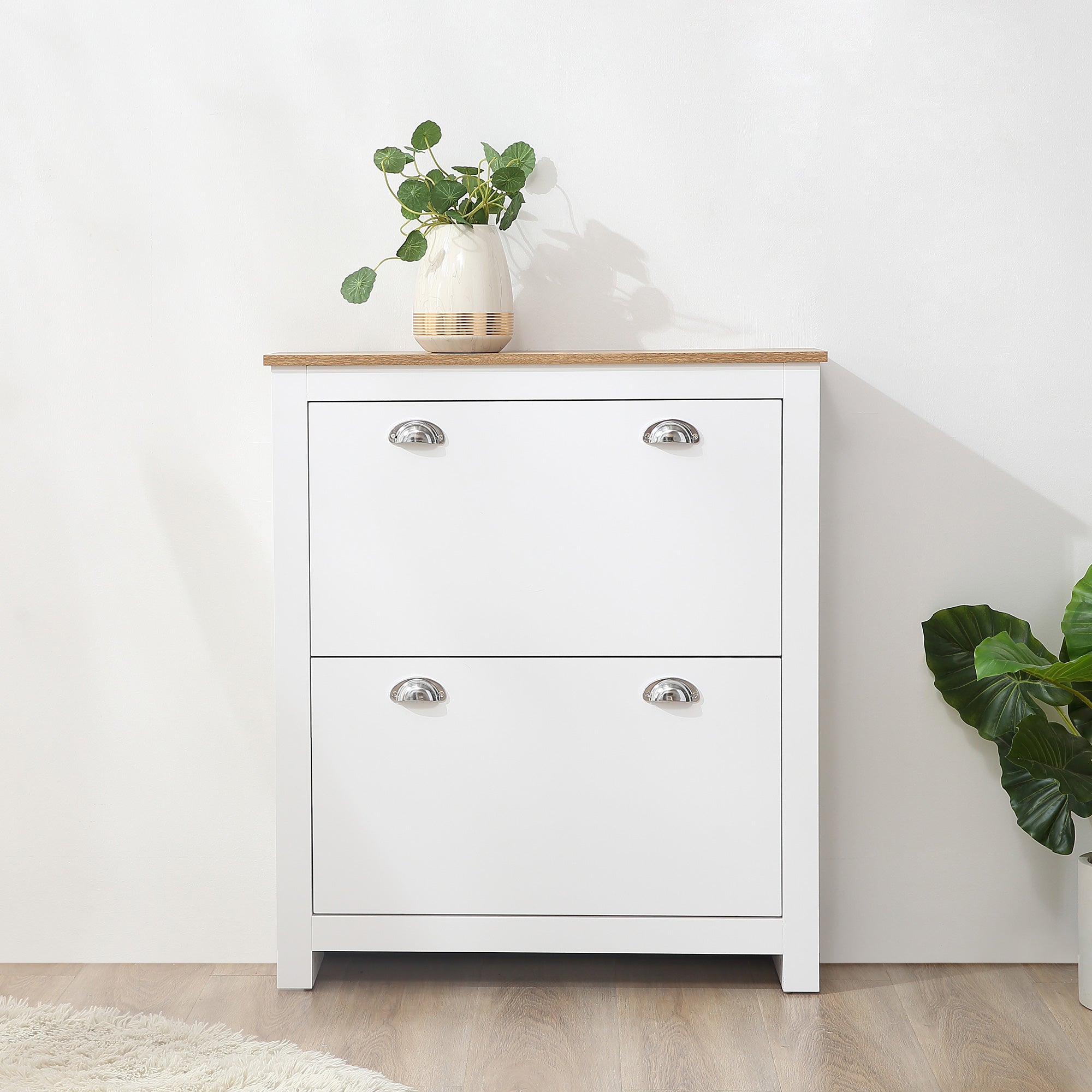 HOMCOM 2 Drawer Shoe Cabinet Modern Narrow Shoe Cupboard Hallway Wooden Storage Organiser with Flip Doors Adjustable Shelf for 12 Pairs White 