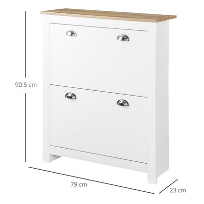 HOMCOM 2 Drawer Shoe Cabinet Modern Narrow Shoe Cupboard Hallway Wooden Storage Organiser with Flip Doors Adjustable Shelf for 12 Pairs White 