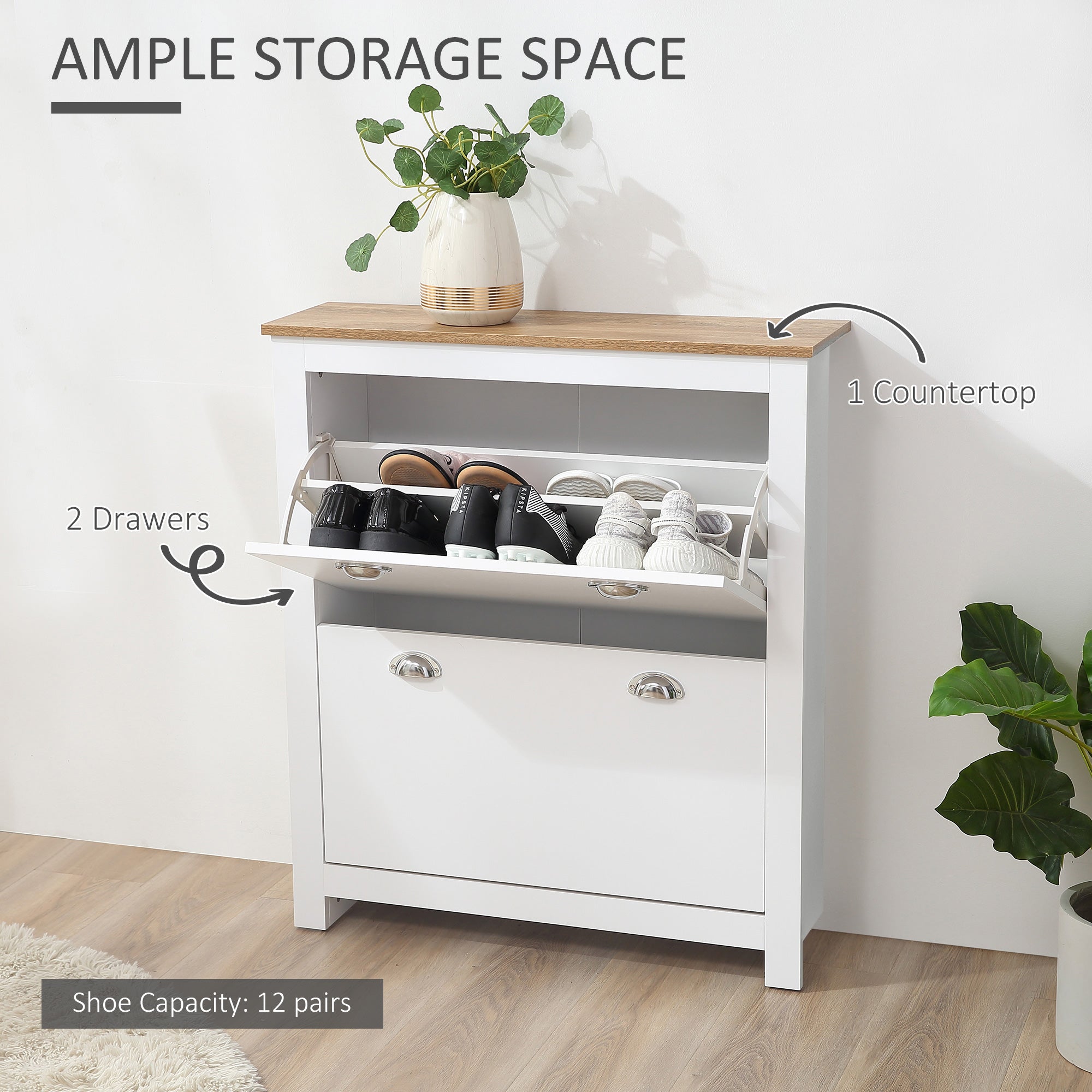 HOMCOM 2 Drawer Shoe Cabinet Modern Narrow Shoe Cupboard Hallway Wooden Storage Organiser with Flip Doors Adjustable Shelf for 12 Pairs White 