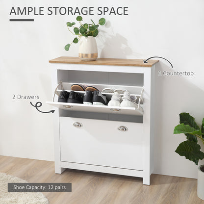 HOMCOM 2 Drawer Shoe Cabinet Modern Narrow Shoe Cupboard Hallway Wooden Storage Organiser with Flip Doors Adjustable Shelf for 12 Pairs White 