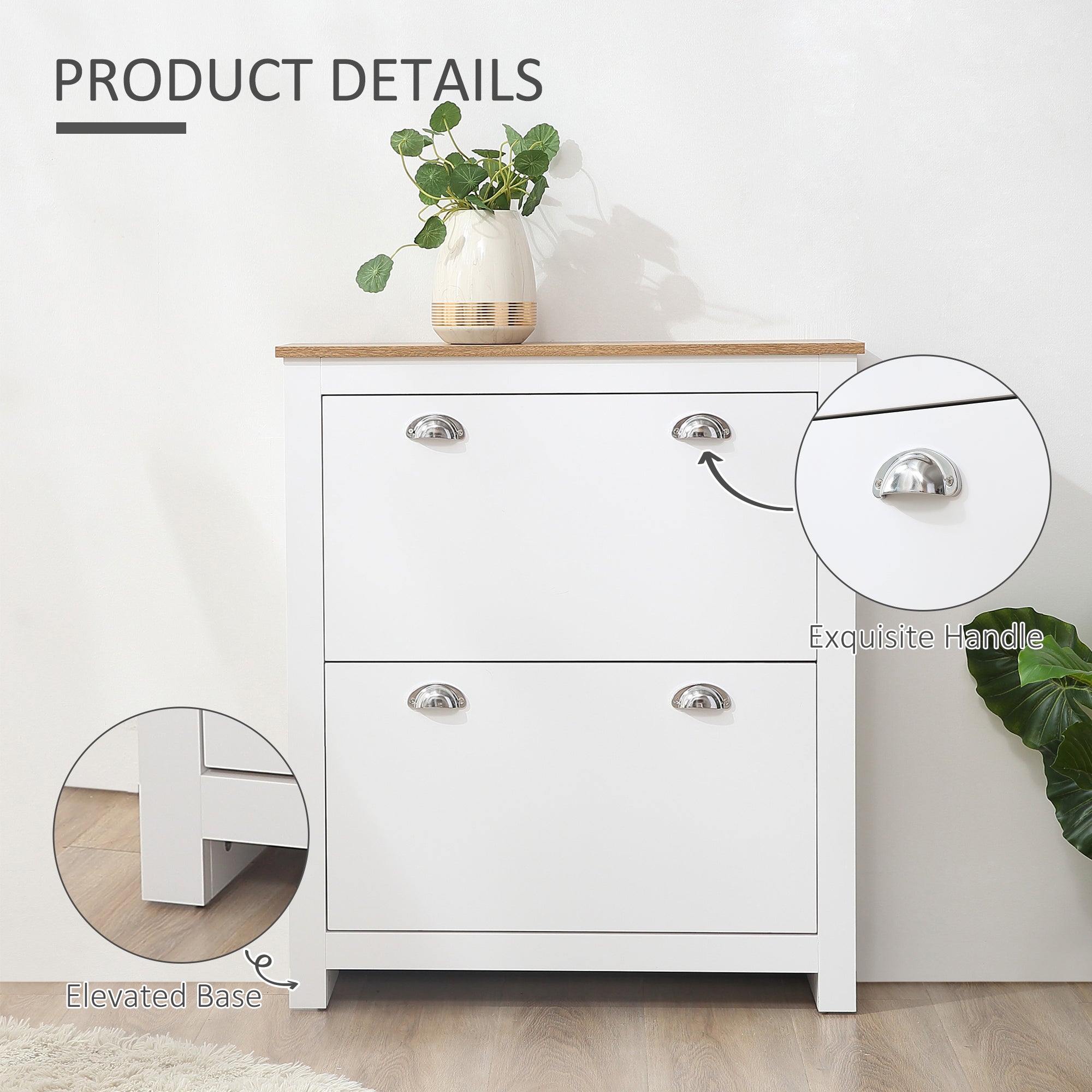 HOMCOM 2 Drawer Shoe Cabinet Modern Narrow Shoe Cupboard Hallway Wooden Storage Organiser with Flip Doors Adjustable Shelf for 12 Pairs White 