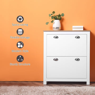 HOMCOM 2 Drawer Shoe Cabinet Modern Narrow Shoe Cupboard Hallway Wooden Storage Organiser with Flip Doors Adjustable Shelf for 12 Pairs White 