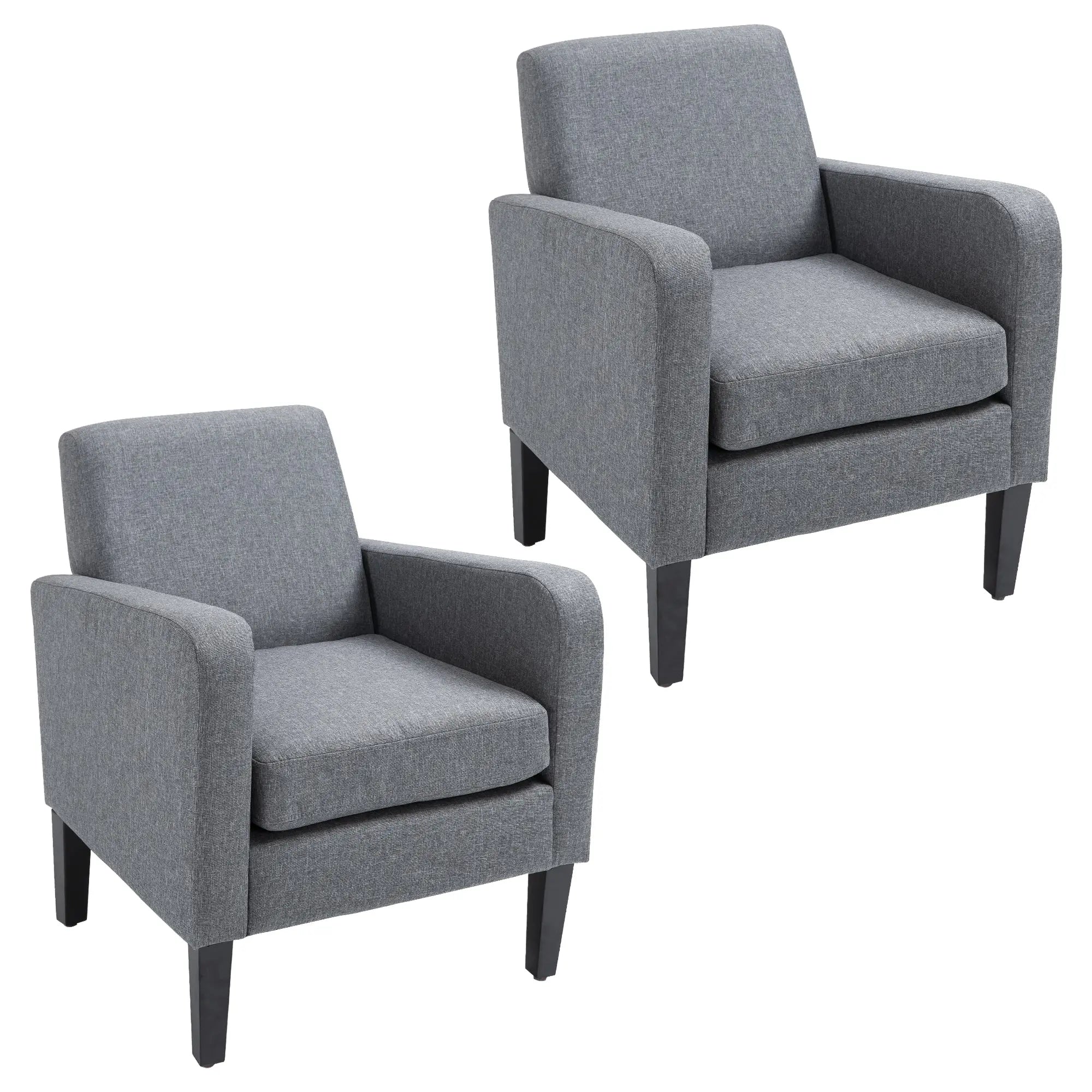 HOMCOM 2 Pieces Modern Armchairs with Rubber Wood Legs, Upholstered Accent Chairs, Single Sofa for Living Room, Bedroom, Grey 